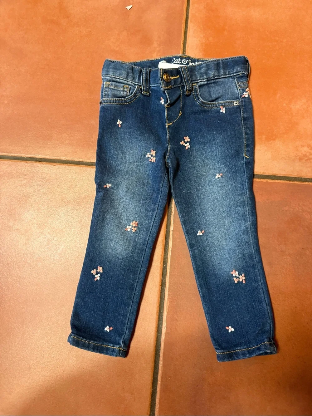 Cat & Jack Blue Denim Jeans with Pink Floral Embroidery
